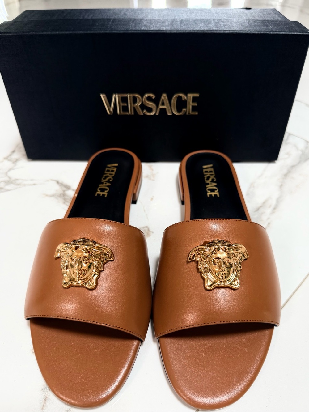 Versace Gold Medusa Leather Sandals.